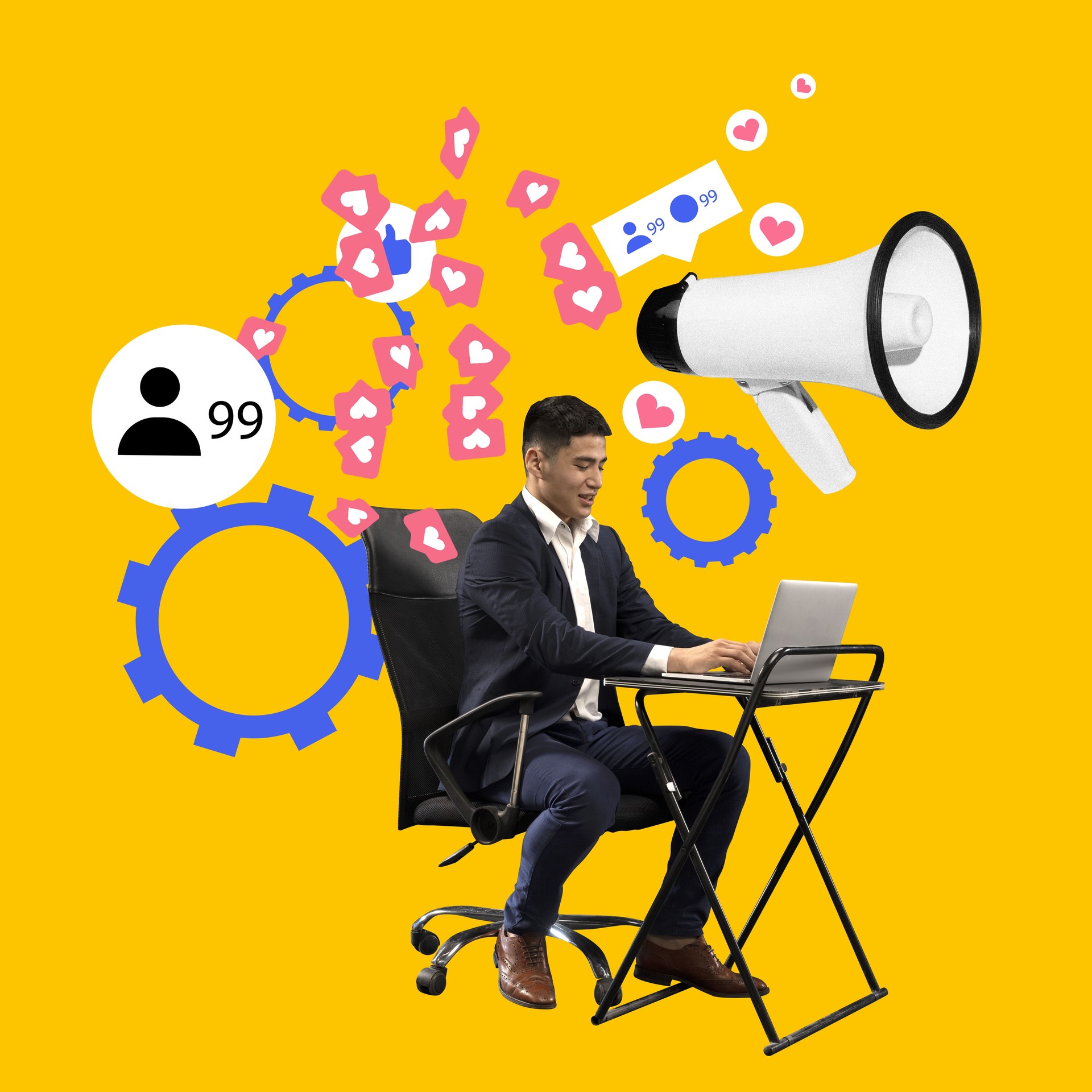 Young man working on laptop on efficient strategy to attract new followers on social media, developing plan for brand promotion. Contemporary art collage.